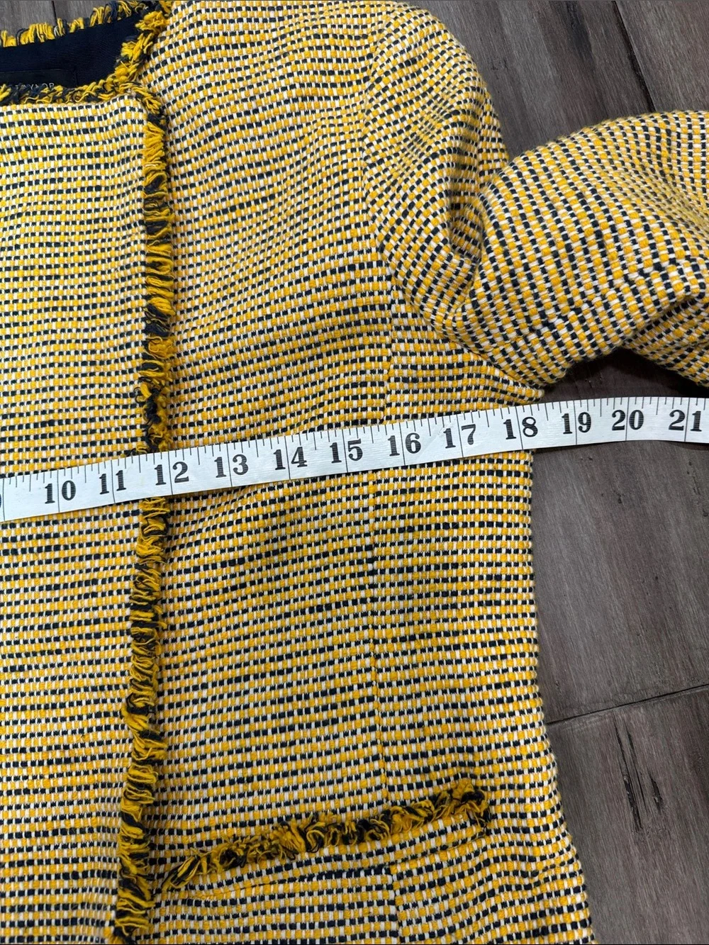 Ann Taylor Yellow and Black Tweed Fringe Open-Front Blazer - Picture 7 of 8
